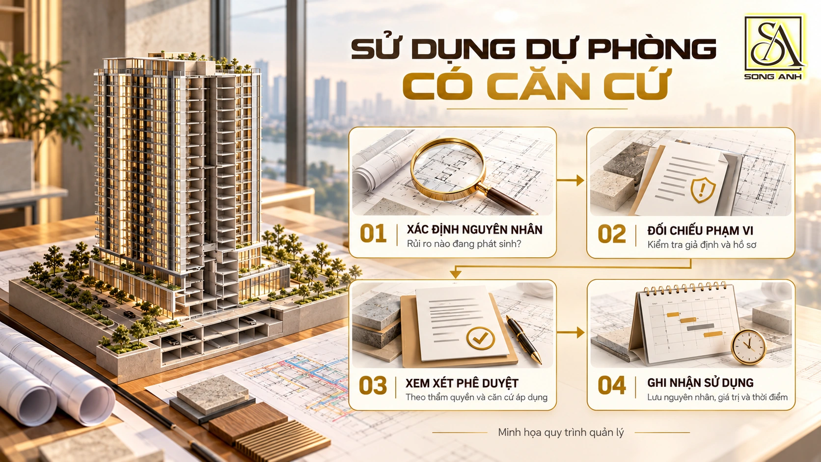 bốn bước xem xét sử dụng chi phí dự phòng: xác định nguyên nhân, đối chiếu phạm vi, phê duyệt và ghi nhận.
